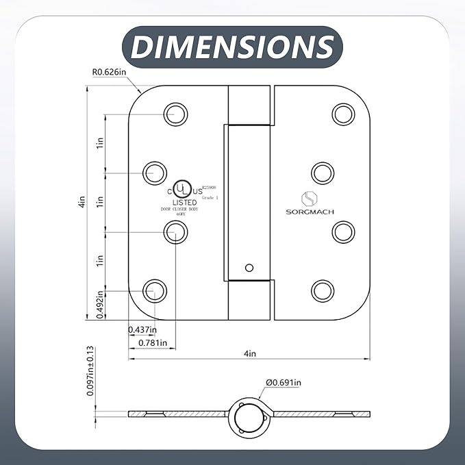 Self Closing Hinges 4 inch Oil Rubbed Bronze Auto Close Hinge 4 x 4 Inch Spring5/8 Radius Corner Commercial Adjustable Door Closer Hinge UL Listed, 6 Pieces