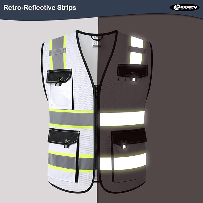 JKSafety Hi Vis Reflective Safety Vests for Men Women High Visibility Vest with Pockets Mesh Fabric Construction Safety Apparel Neon Vest for Work (220-White XXL)