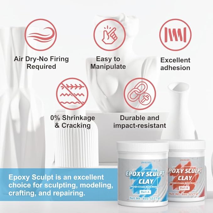 1 Pound White Epoxy Putty Sculpt Clay, 2 Part (A & B) Modeling Compound for Sculpting, Modeling, Building, Repairing, Self-Hardening Epoxy Clay Easily Repairs Metal, Wood, Tile, Ceramics, Plastic