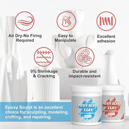 1 Pound White Epoxy Putty Sculpt Clay, 2 Part (A & B) Modeling Compound for Sculpting, Modeling, Building, Repairing, Self-Hardening Epoxy Clay Easily Repairs Metal, Wood, Tile, Ceramics, Plastic