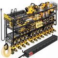 POKIPO Power Tool Organizer Wall Mount with Charging Station, 4 Tier Tool Battery Storage Rack Built in 8 Outlet Power Strip for Garage, 49" W, Black