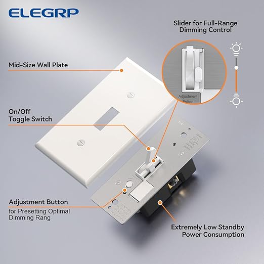 ELEGRP Digital Toggle Dimmer Switch for Dimmable LED, CFL and Incandescent Light Bulbs, Single Pole or 3-Way Toggle LED Dimmer Light Switch, Wall Plate Included, UL Listed, 10 Pack, White