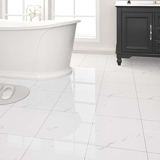 40-Pack Peel and Stick Floor Tiles Vinyl Floor 12 x 12 inch Self Adhesive Waterproof Glossy Flooring Planks DIY for Bathroom, Kitchen, Living Room, RV, Cover 40 Sq. Ft, Polish White Marble
