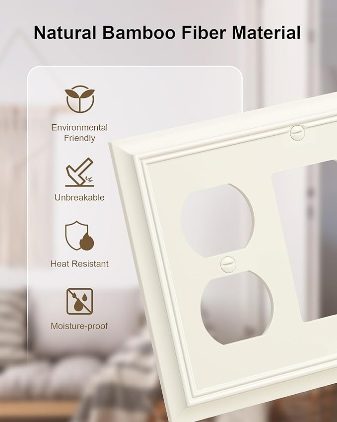 2-Pack Combo Duplex/Decorator Outlet Cover Plate, Light Almond Decorative Switch Plates Covers, Durable Natural Bamboo Fiber Wall Plates for Electrical Outlets, Receptacle, GFCI Outlet, Dimmer Switch