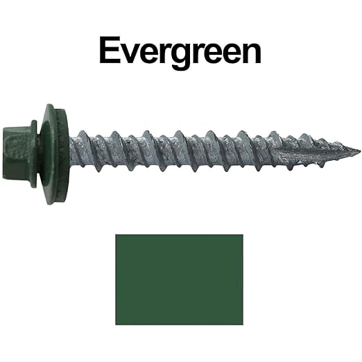 Metal Roofing Screws: (2000) 10 x 1-1/2" Evergreen Hex Head Sheet Metal Roof Screw. Self Starting Metal to Wood siding Screws. EPDM Washer. Colored Head