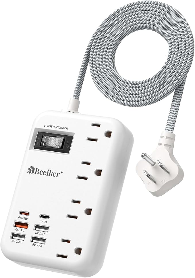 45W USB C Surge Protector Power Strip, Travel Power Strip with 6 USB(2 USB C) Ports and 4 Outlets,5Ft Flat Plug Braided Extension Cord, PD 45W Fast Charging for MacBook Laptops iPad Pro iPhone Samsung