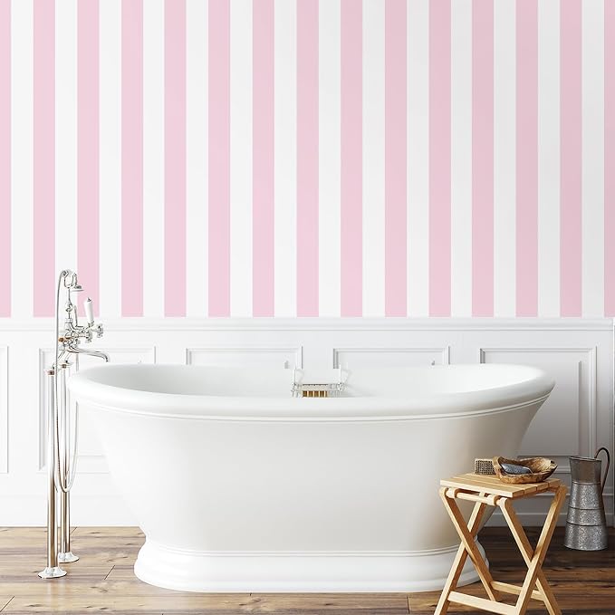 Cohoo Home Pink Striped Peel and Stick Wallpaper Pink and White Stripe 17.7”×197” Contact Paper for Cabinets Modern Stripes Self-Adhesive Removable Wall Paper Cute Girls Bedroom Nursery Decor Vinyl
