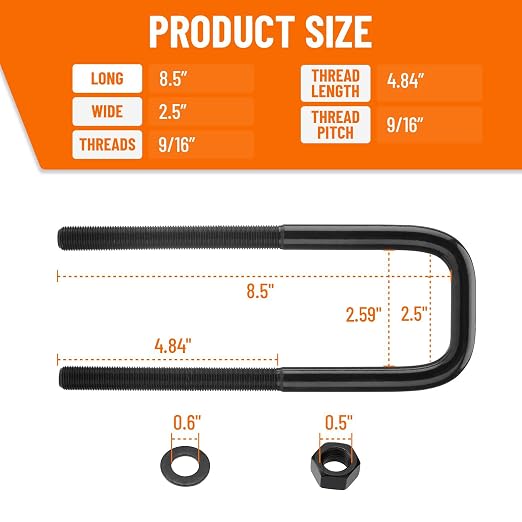 Square Bend U-Bolts, 8.5" Long x 2.5" Wide x 9/16" Thread