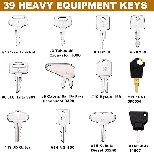 39 Heavy Equipment Keys Master Set, Construction Machine Operator Ignition Key Set for Caterpillar Bobcat JD Case JLG JCB Volvo Hyster Ford New Holland Yanmar Takeuchi Kubota Komatsu Toyota Hitachi