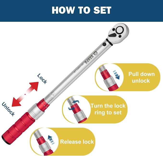 VANPO 3Pcs Torque Wrench 1/4&3/8&1/2"-20-240in-lb, 5-45ft-lb, 20-160ft-lb | ±3% Accuracy, Click, Dual Direction, 72-Tooth Ratchet, for Bike, Motorcycle, Car & Automotive Use