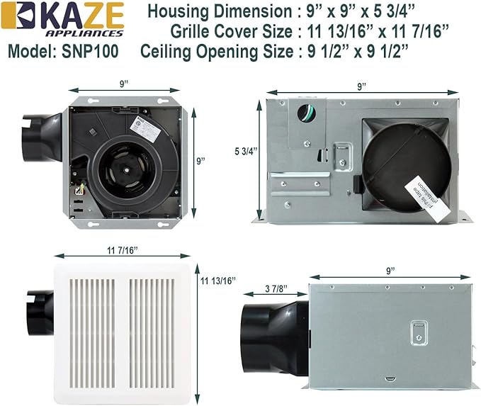 KAZE APPLIANCE SNP100 | 100 CFM | 0.8 Sone | Energy Star Certified | No Attic Access Required | Bathroom Ventilation Exhaust Extractor Fan