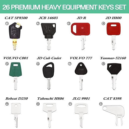 YASASHII 26 Heavy Equipment Keys Set Fits CAT, Case, JD, Komatsu, Kubota, Yanmar, Daewoo, Hyster, Takeuchi