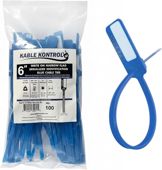 Kable Kontrol Serialized Write-On Flag Zip Ties, 6 Inch 5000 Pcs – Blue | Numbered Cable Ties with Narrow Flag Writable ID Tag Nylon Self-Locking Wire Marker Labels & Tie Straps