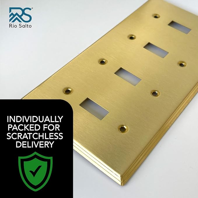 Rio Salto BRASS Deco Collection Standard Size Quad Toggle Gold Light Switch Cover Wall Plate Modern Linear Corrosion Resistant Big Wallplate Covers 4 Gang Brushed Brass Togle Switch 4-Gang (2-Pack)