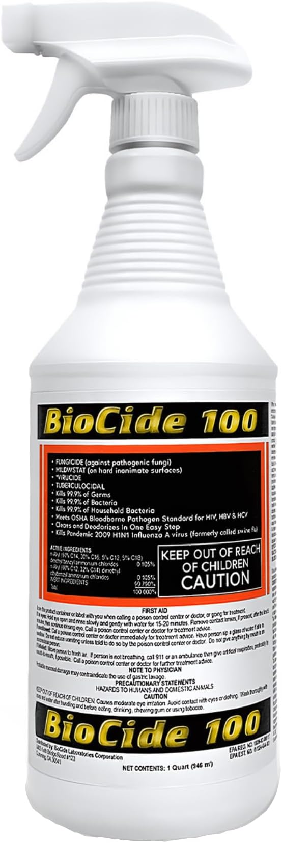 Biocide 100 EPA Registered Mold, Mildew and Fungi Remover, Cleaner and Disinfectant | Eliminates Household Mold Spores, Bacteria, Germs, Viruses | Non-Toxic and Safe | 1-Quart