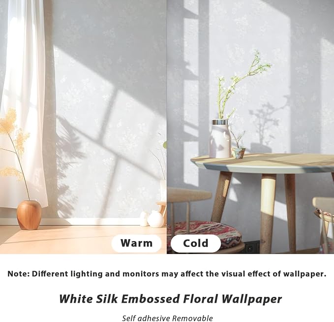 White Wallpaper Silk Embossed Floral Thicken Textured 118in17.7in | Cool White Flower Contact Paper for Cabinets Furniture,Vinyl Self Adheive Removable Wallpaper Used for Bedroom Living Room