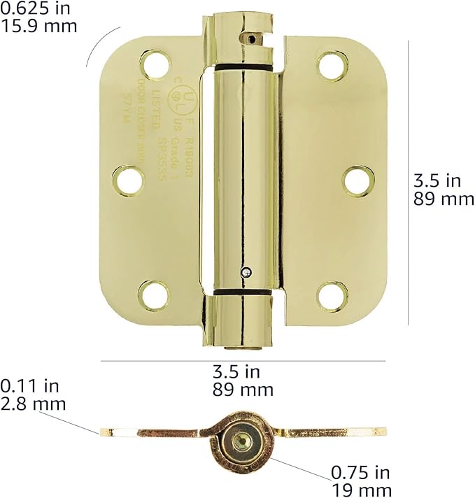 Amazon Basics Self-Closing Door Hinge, 3.5 Inch x 3.5 Inch, Polished Brass, 1-Piece, Hardware Included (Pack of 2)