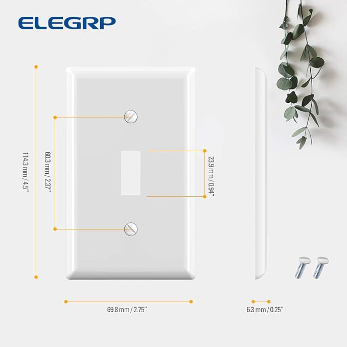 ELEGRP Toggle Light Switch Wall Plate, 2-Gang Standard Size Switch Covers, Unbreakable Polycarbonate Replacement Faceplates Covers, UL Listed, Color-matched Screws Included (1 Pack, Glossy White)