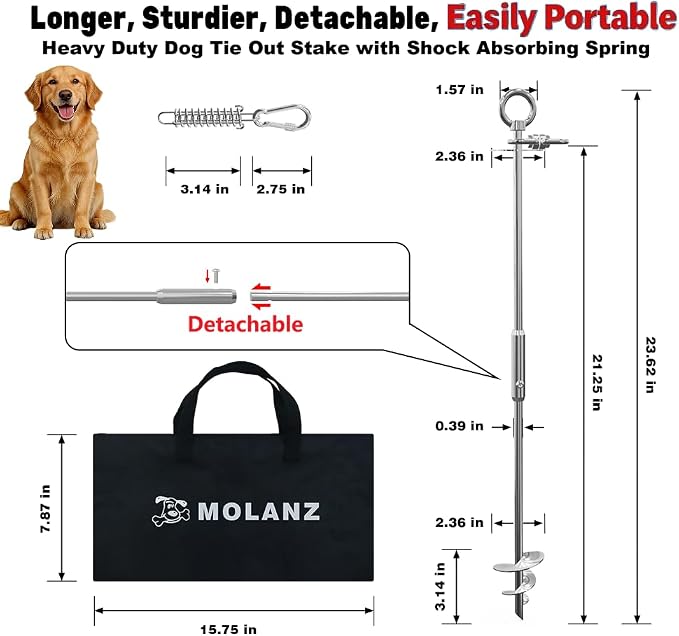 Dog Tie Out Stake with Shock Spring, Dual 20ft Cables, Heavy Duty 304 Stainless Steel Anchor, 2x360° No Tangle Swivel for Large Medium Small Dogs, Yard & Camping (Stake/2X20ft Cable/250lbs)