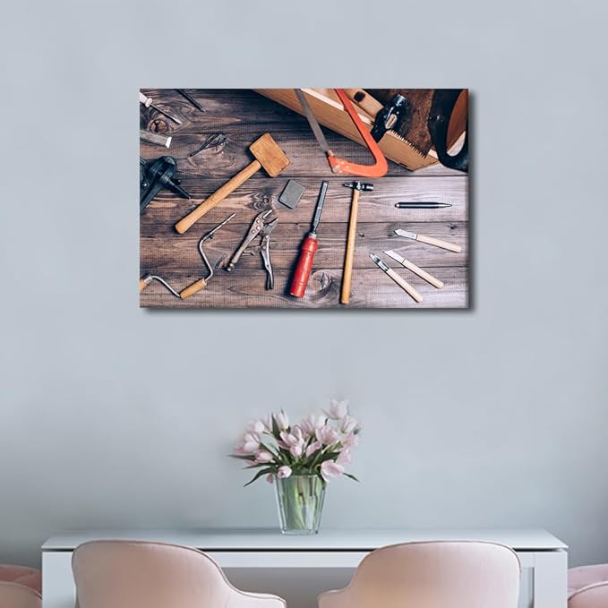 TUMOVO Wall Art for Office Wall Art Instruments on Wooden Table Background 1 Panels Picture Canvas Print Artwork Home Study Repair Shop Wall Decor Modern Poster ((16" Wx24 H)