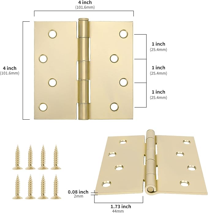 goldenwarm Pack of 3 4in Door Hinges Brushed Brass Gold Door Hinges Butt Hinges with Square Corners, Interior Door Hardware