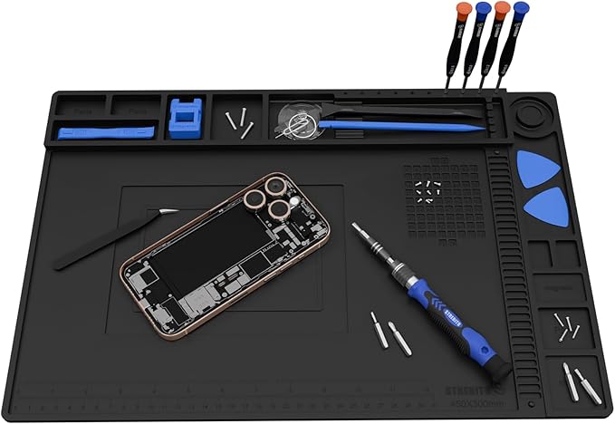 STREBITO Solder Mat Electronics Mat Silicone Repair Mat, Heat Resistant 932°F, Magnetic Project Mat Solder Pad for Soldering, Computer, Laptop, Cell Phone, RC, Gun, Size 17.7" x 11.8" (Black)