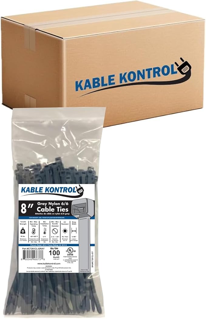 Kable Kontrol Cable Zip Ties, 8 Inch, 10000 Pcs, 50lbs Test, Gray | Nylon Plastic, Self Locking, UL Listed, Indoor Use