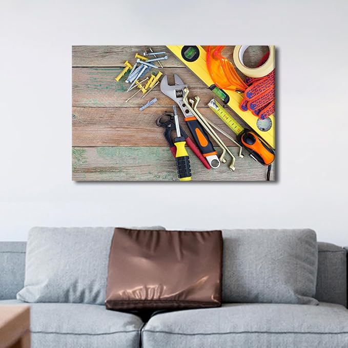 TUMOVO 1 Panels Wall Art for Office Orange Tool Theme Set of Various Construction Tools on a Wooden Background Top View Poster Canvas Print Artwork Home Study Repair Shop Wall Decor ((16" Wx24 H)