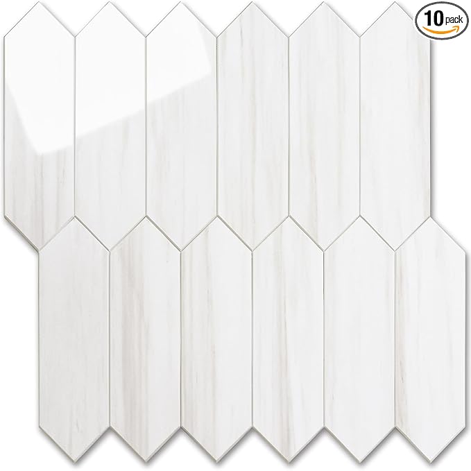 Vamos Tile Glossy Dolomite White Backsplash Tile Peel and Stick, 12.8 x 12.8 Inch 10 Sheets Long Hexagon PVC Self Adhesive Mosaic Wall Tiles Stick on Backsplash for Kitchen and Bathroom