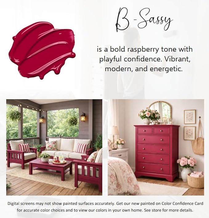 ALL-IN-ONE Paint by Heirloom Traditions, B-Sassy (Rich Raspberry), Quart - Durable cabinet and furniture paint. Built in primer and top coat, no sanding needed. Includes our 30 featured color card.