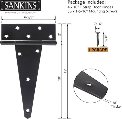 10 Inch T-Strap Shed Door Hinges Heavy Duty, Black Tee Hinge for Wooden Fences, Yard Door, Barn Door Gates, Wrought Hardware Rustproof, 4PCS