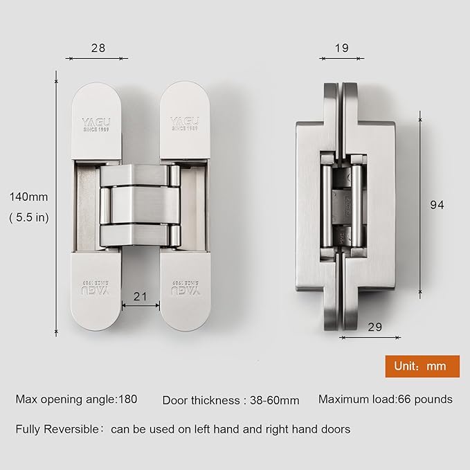 YAGU 5.5 inch 3 Way Adjustable Invisible Hinges Hidden Door Hinges Concealed Hinges Zinc Alloy 180 Degree Swing Hinge 5.5 x 3 x 1.1 inch Matte Silver (1 Piece)