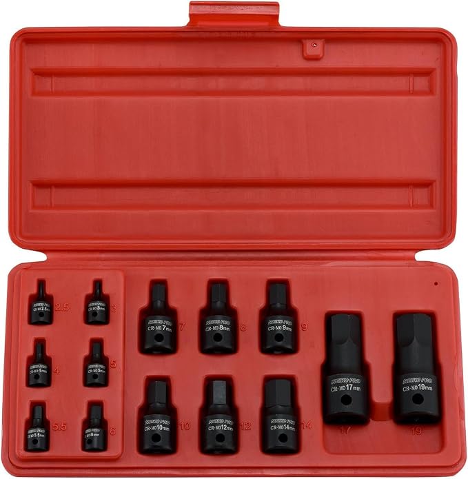 NEIKO 01141B Allen-Bit Socket Set, Metric Socket Set, 2.5 mm to 19 mm, 1/4-Inch, 3/8-Inch, and 1/2-Inch Drive, CrMo Steel, Impact-Grade, 14-Piece Set