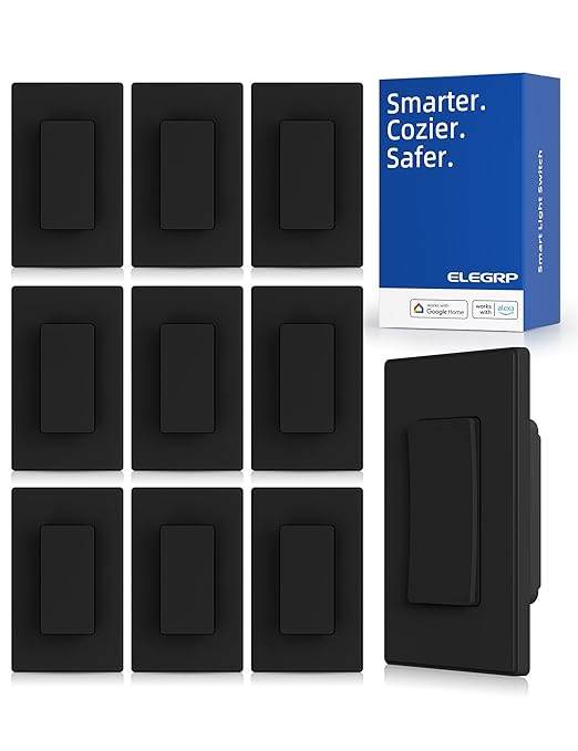 ELEGRP Smart Light Switch, 2.4GHz Wi-Fi Light Switch Compatible with Alexa & Google Assistant, Neutral Wire Required, APP Control and Timer Schedule, UL Certified,Single Pole, Black, 10 Pack