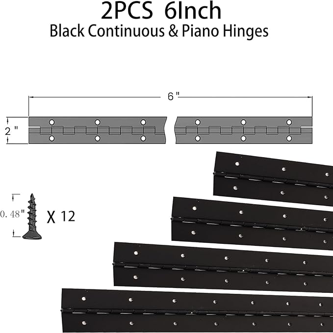 2PCS Black 6-Inch Heavy Duty Piano Hinge,2" Open Width Stainless Steel Continuous Hinges, Includes Pre-Drilled Holes and Screws, Ideal for Piano Cabinets ane Wooden Box.