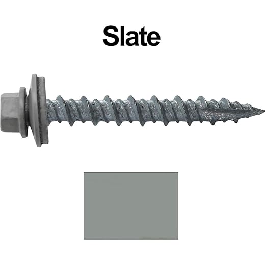 Metal Roofing Screws: (2000) 10 x 1-1/2" Slate Hex Head Sheet Metal Roof Screw. Self Starting Metal to Wood siding Screws. EPDM Washer. Colored Head