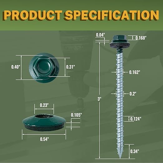 LIONMAX Metal Roofing Screws #10 × 3 Inch, 300-PCS, Forest/Ivy Green Painted Hex Head Sheet Metal Roof Screws, Rubber Washer, Sharp Point, Metal to Wood Siding Screws, Hex Socket Included