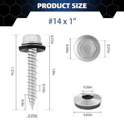 Metal Roofing Screws #14 × 1 Inch, 55-PCS, Hex Head Rustpert Coating Sheet Metal to Wood Siding Screw with EPDM Rubber Washer, Sharp Point, Hex Socket Included