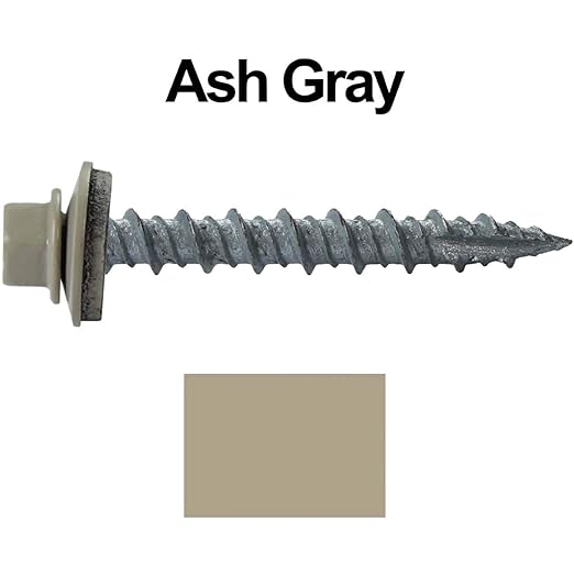Metal Roofing Screws: (2000) 10 x 1-1/2" Ash Gray Hex Head Sheet Metal Roof Screw. Self Starting Metal to Wood siding Screws. EPDM Washer. Colored Head