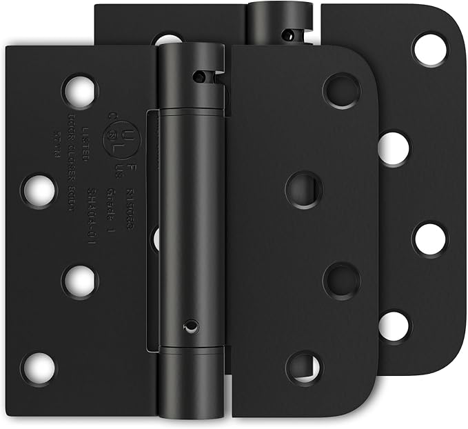 Luxbaro 2 Pack Self Closing Door Hinges 4 Inch, Matte Black Spring Loaded Hinges with Square & 5/8'' Radius Corners, Adjustable Tension for Garage, Front Door, for Left and Right Hand Door, UL Listed
