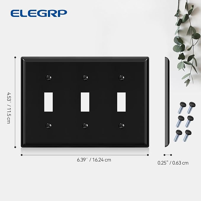 ELEGRP 3-Gang Toggle Switch Wall Plates, Standard Size 4.53" H x 6.39" L Thermoplastic Faceplate Cover for Toggle Dimmer Light Switches, UL Listed (1 Pack, Glossy Black)