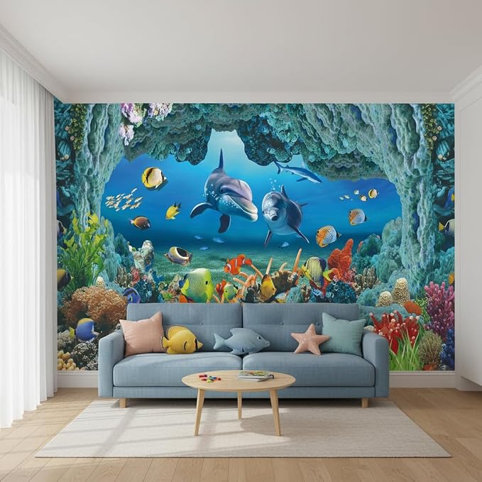 MFWFM Ocean Wallpaper Peel and Stick Underwater 3D Dolphin Wall Murals | 137"x96", for Bedroom Living Room Bathroom, Self Adhesive Canvas
