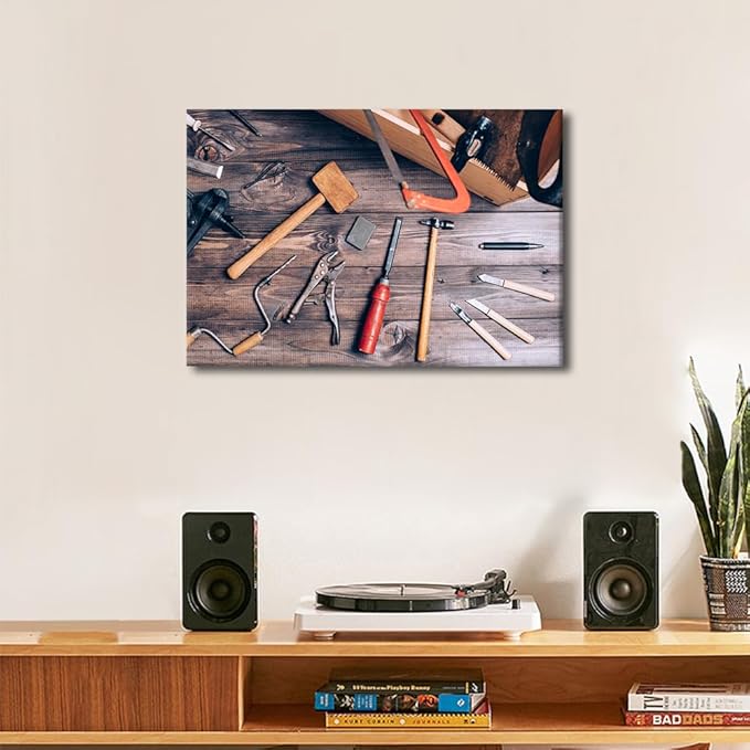 1 Panels Canvas Wall Art Instruments on Wooden Table Background Picture Hammer Cutter Utensil Poster Framed Artwork for Home Living Room Bedroom Wall Decor Ready to Hang (12" Wx18 H)