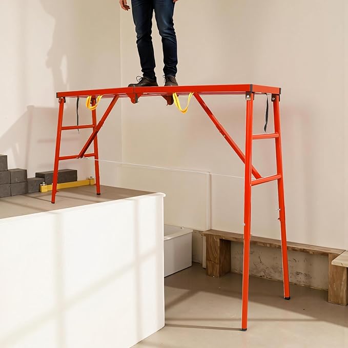 Folding Scaffolding Platform 69"x52.7"x15", 880 Lbs Capacity, 5-Level（33.8-52.7“） Height Adjustable Work Platform with Rhombus Anti-Slip Surface, Portable Scaffolding Ladder for RV and Home Decor