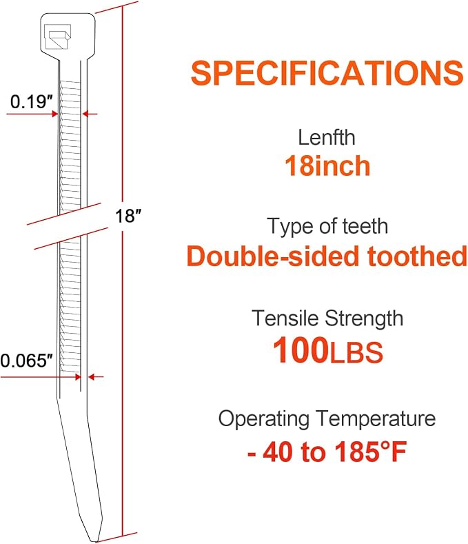 18 Inch Zip Ties Double Sided Toothed (500 Pack),100 LBS Tensile Strength Heavy Duty Cable Wire Ties With Self-Locking Adjustable More Durable Nylon Tie Wraps for Indoor Outdoor