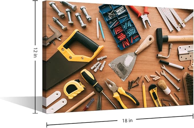 Construction Instruments Background Picture 1 Panels Canvas Wall Art Living Room Assorted Woodwork Carpentry or Construction Tools Poster Framed Artwork for Farmhouse Bedroom Wall Decor (12" Wx18 H)