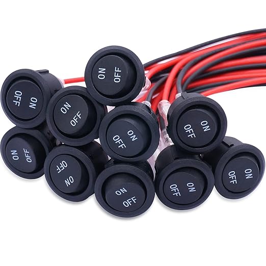 Twidec/10Pcs 12V Round Rocker Switch ON Off AC 6A/250V 10A/125V SPST 2 Pin 2 Position 12 Volt DC Circle Toggle Switch for Car Boat Automotive RV Black with Wires KCD1-5-101-ON-OFF