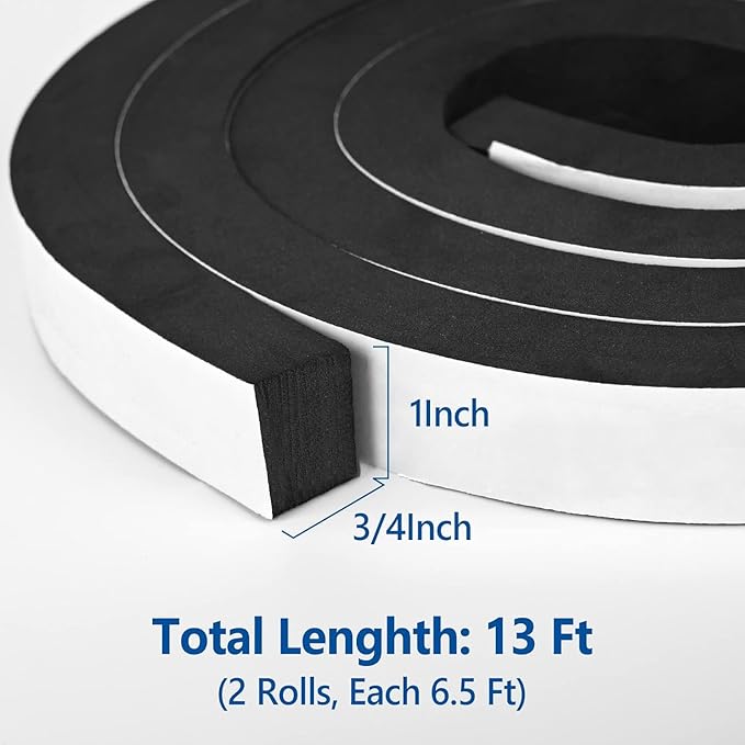 Kikerike Self Adhesive Foam Tape Weatherstrip 1/in x 3/4In x 13Ft High Density Foam Insulation Strips Seal Weather Stripping with Strong Adhesive for Door and Window Sound Isolation Soundproofing