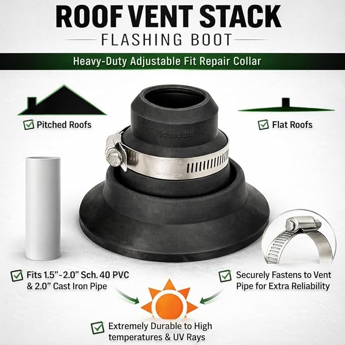 Roof Collar Repair Boot 2-Pack for 1.5–2 in Vent Pipes + Silicone Sealant — Flexible Thermoplastic Rubber Roof Vent Flashing Collar Repair — Quick Leak Fix Over Existing Roof Boot (Made in USA)