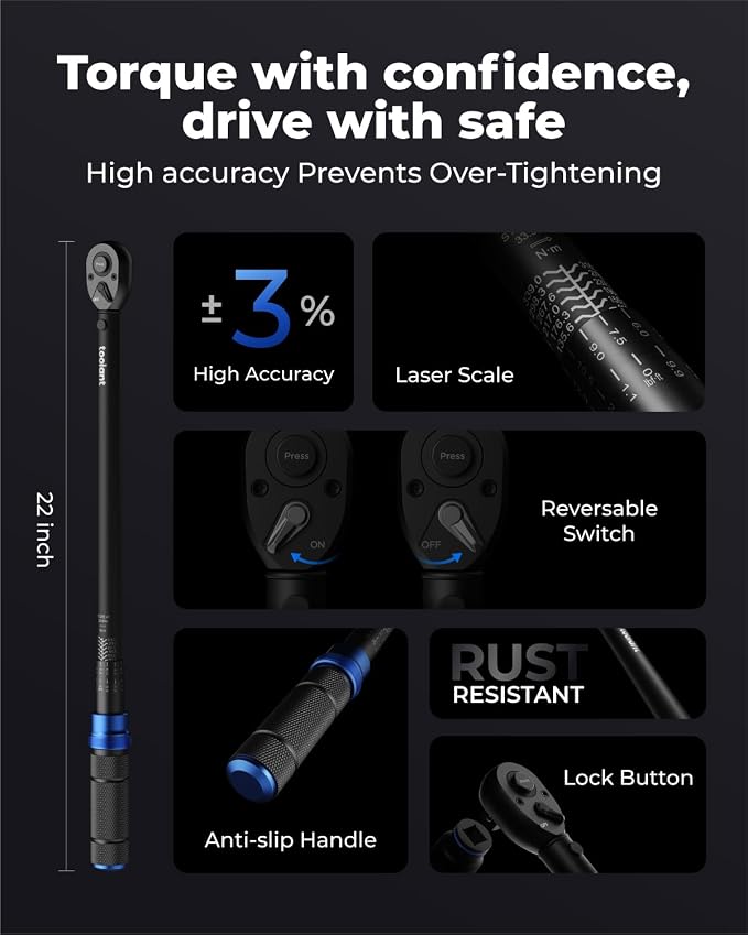 toolant 13-Piece 1/2" Torque Wrench Set, 25-250 ft-lb, ±3% | Includes 10 deep sockets, a 5" extension, and an 18"-24" telescopic breaker bar for tire work.